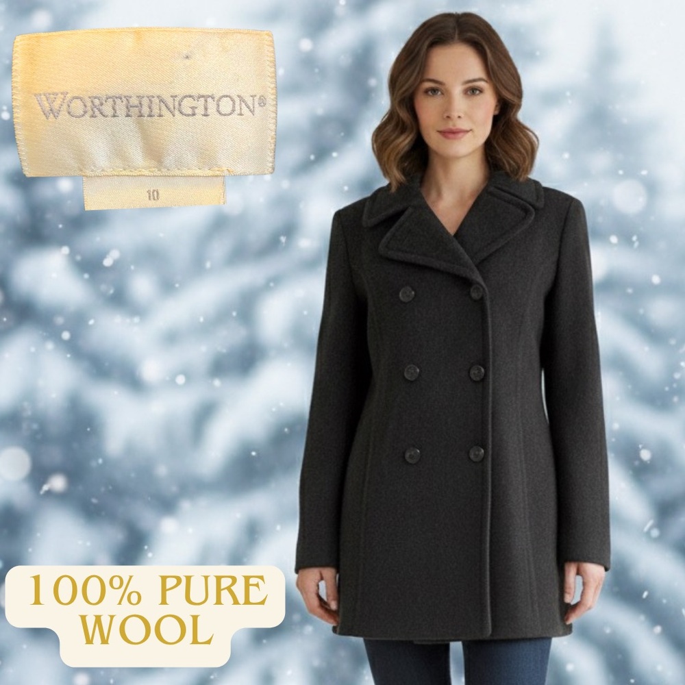 WORTHINGTON Women's 100% Wool Peacoat Jacket Size 10 Black Winter Coat